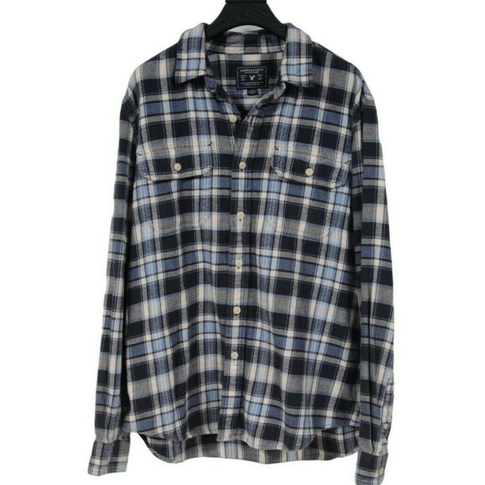 American Eagle Mens Plaid Flannel Button Down Shirt Size Large Blue White Cotton